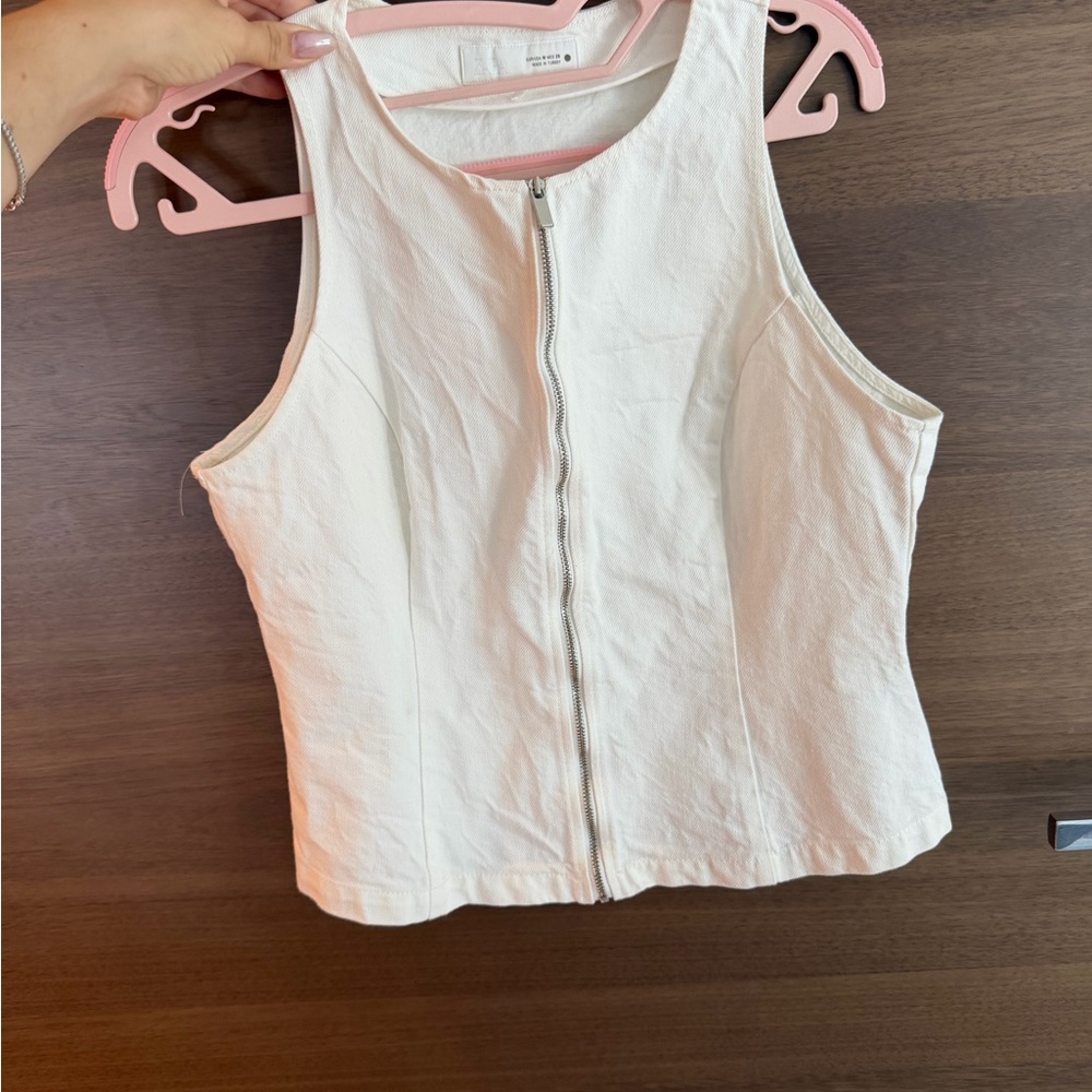 Zara White Zip-Front Tank Top